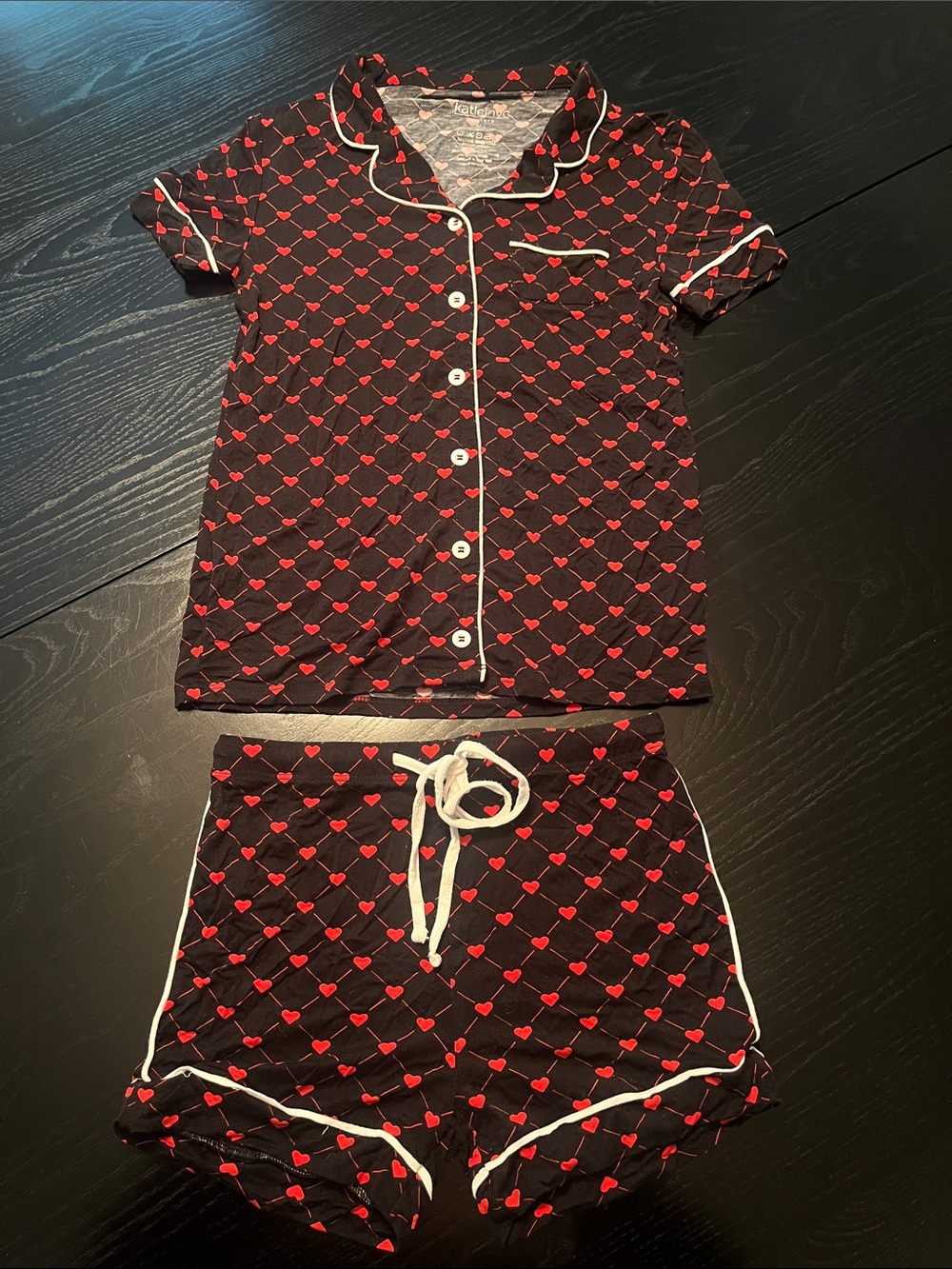 Katie J NYC Black Pajama Set with Red Heart Print